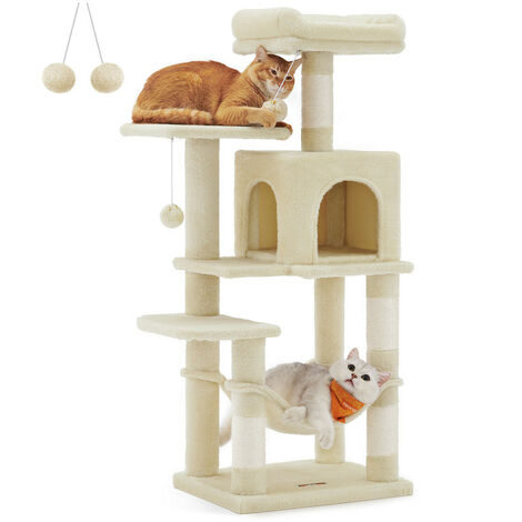 Feandrea – Arbre à chat 112 cm – 4 poteaux à griffer – 2 plateformes rembourrées – Niche et hamac en tissu peluche – Beige multi-niveaux