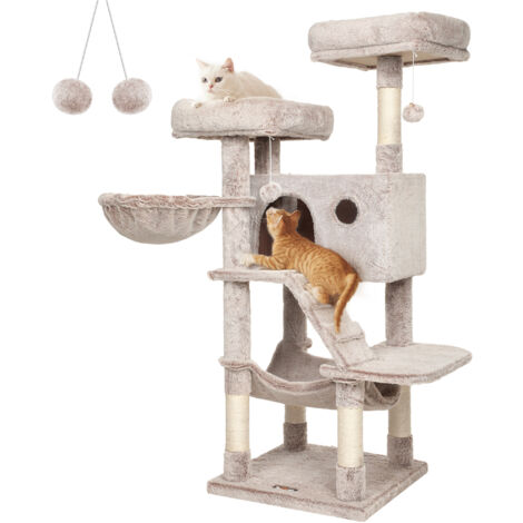 Feandrea – Arbre à chat 135 cm marron et blanc ombré – Tissu peluche 500 g/m² – Grande niche 49 x 30 x 30 cm – Poteaux en sisal inclus