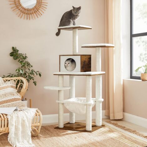 Feandrea – Arbre à chat 138 cm – Multiniveau avec niche, hamac et griffoirs – Panneau aggloméré et tissu peluche – Housse lavable marron rustique
