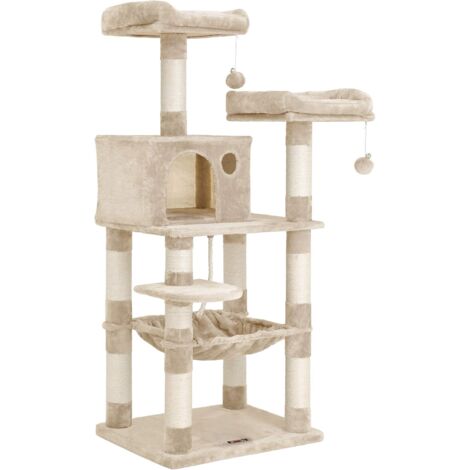 Feandrea – Arbre à chat 143 cm – 11 poteaux à griffer – 2 plateformes – 1 niche – 1 hamac – Tissu peluche – Beige