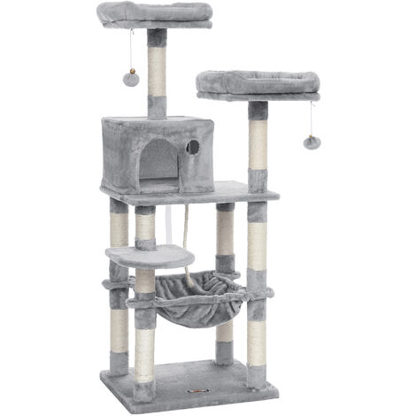 Feandrea – Arbre à chat 143 cm – 11 poteaux à griffer – 2 plateformes – 1 niche – 1 hamac – Tissu peluche – Dispositif anti-basculement