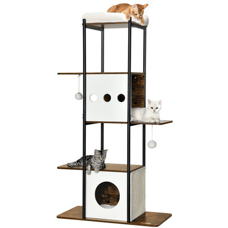 Feandrea – Arbre à chat 153 cm avec griffoirs en sisal – Coussins amovibles et lavables – Grandes plateformes en panneau d’aggloméré marron rustique