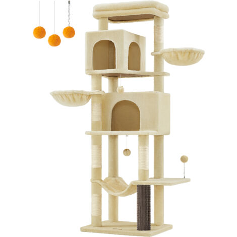 Feandrea – Arbre à chat 175 cm – Multi-niveaux avec 2 niches, 2 paniers, 5 griffoirs, toilettage autonome, hamac – Tissu peluche beige sable