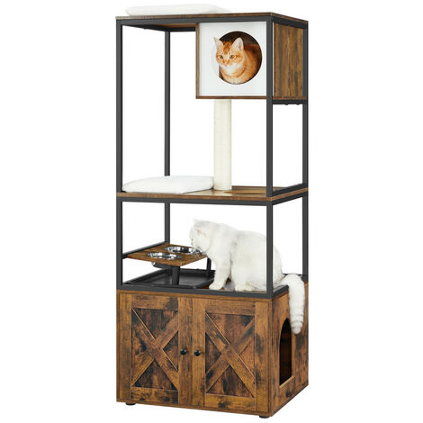 Feandrea – Arbre à chat 4 niveaux avec poteau en sisal – Cache-litière et gamelles surélevées – Tapis lavables – Dimensions 61x50x146cm – Marron rustique