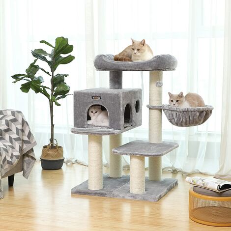 FEANDREA Arbre à Chat, avec Plate-Forme d'Observation XXL, Hamac, Grande Grotte, Troncs épais en sisal, Stable, Gris Claire par SONGMICS PCT01W