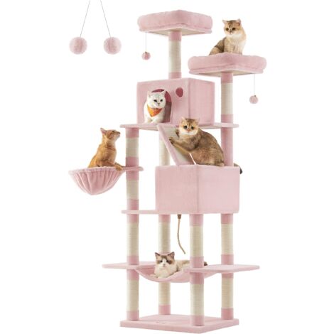 FEANDREA Arbre à Chat, Grande Tour de Jeux, Hauteur 206 cm, avec 13 Griffoirs, 1 Planche à Griffer, 2 Plate-Formes, 2 Niches, Panier, Hamac, Pompons, Tissu Peluche, Multi-Niveaux, Rose Bonbon