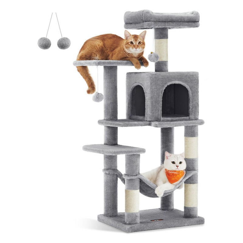 Songmics - Feandrea Arbre à Chat Hauteur 112 cm, Tour de Jeux pour Chats, avec 4 Poteaux à Griffer, 2 Plateformes, 1 Niche, 1 Hamac, 2 Pompons, en