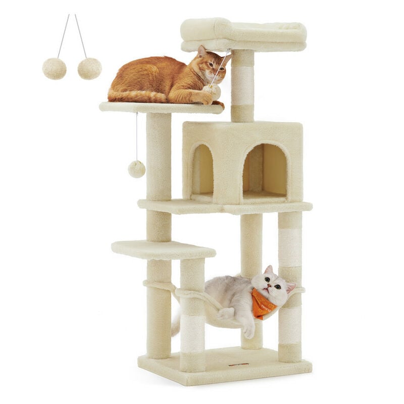 Songmics - Feandrea Arbre à Chat Hauteur 112 cm, Tour de Jeux pour Chats, avec 4 Poteaux à Griffer, 2 Plateformes, 1 Niche, 1 Hamac, 2 Pompons, en
