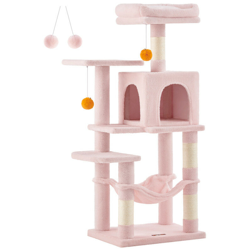 Songmics - Feandrea Arbre à Chat Hauteur 112 cm, Tour de Jeux pour Chats, avec 4 Poteaux à Griffer, 2 Plateformes, 1 Niche, 1 Hamac, 2 Pompons, en