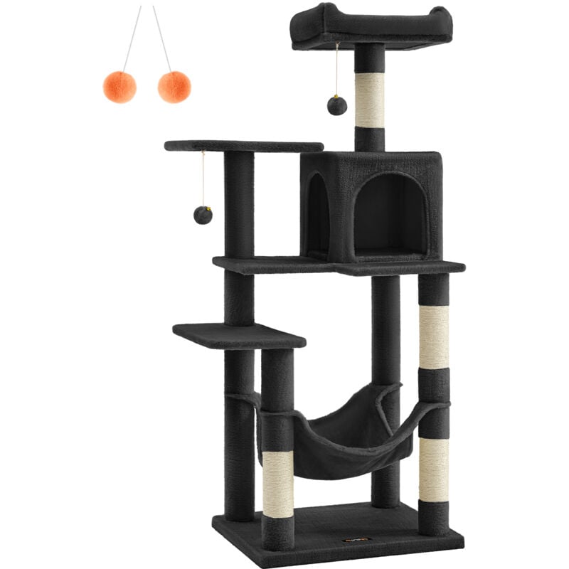 Feandrea - Arbre à Chat Hauteur 143 cm, Tour de Jeux pour Chats, avec 4 Poteaux à Griffer, 2 Plateformes, 1 Niche, 1 Hamac, 2 Pompons, en Tissu