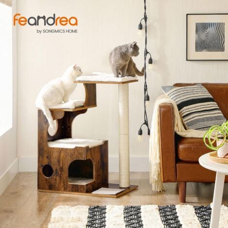 FEANDREA Arbre à Chat, Hauteur 86cm, 3 Plate-Formes et 1 Grotte, Panneau MDF avec placage de Bois, Poteau en sisal, Imitation Fourrure Lavable, Style Vintage, Brun Rustique et Blanc