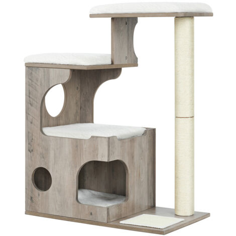 FEANDREA Arbre à Chat, Hauteur 86cm, 3 Plate-Formes et 1 Grotte, Panneau MDF avec placage de Bois, Poteau en sisal, Imitation Fourrure Lavable, Style Vintage, Grège et Blanc