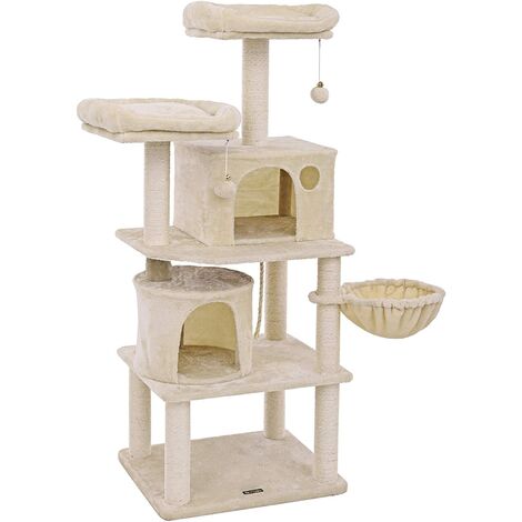 Arbre à Chat Hauteur de 152cm Colonne en Sisal, Panier et 2 Niches, Tour à Chat pour Chats Gris cendré/Gris clair/Beige