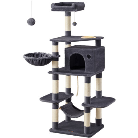 FEANDREA Arbre à chat Hauteur de 160cm Multi-niveaux Avec bol, panier, niche Maison de jeu Meubles pour chatons, chats et félins, Grise cendrée