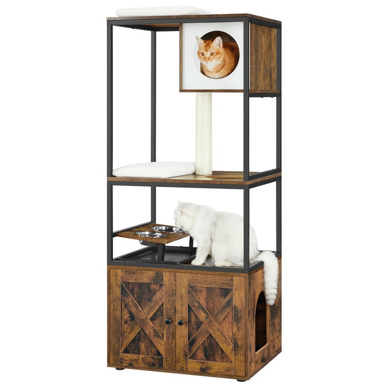 Feandrea Arbre à Chat, Maison pour Chat avec Cache-litière, Gamelles Surélevées, Poteau à Griffer en Sisal, Tapis Lavables, Marron Rustique