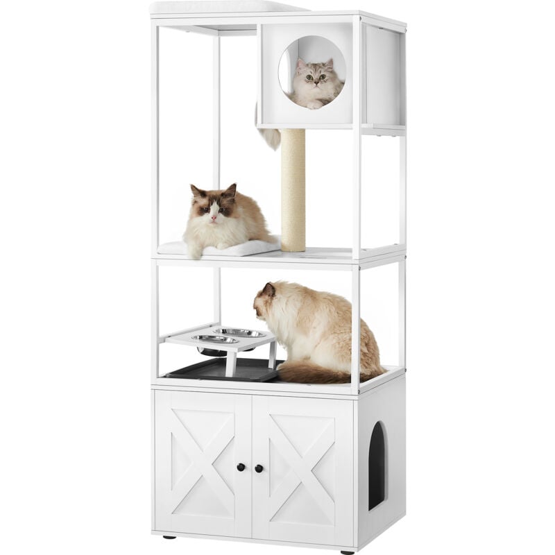 Feandrea Arbre à Chat, Maison pour Chat avec Cache-litière, Gamelles Surélevées, Poteau à Griffer en Sisal, Tapis Lavables, Blanc Nuage