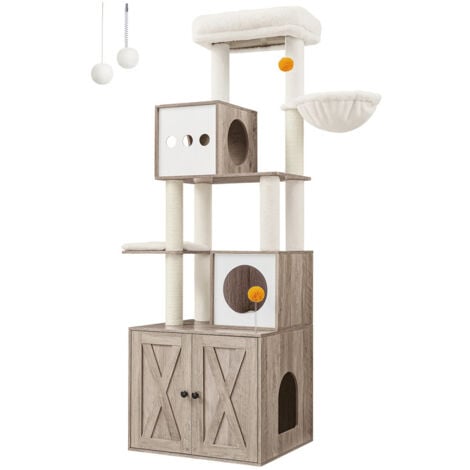 SONGMICS Feandrea Arbre à Chat Moderne avec Cache-litière, Tour de Jeu, Griffoir avec Maison de Toilette, 180 cm, Niche, Plateforme, Tapis Lavables, Grège