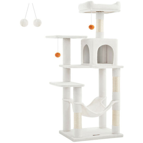 Feandrea – Arbre à chat multi-niveaux 143 cm – 4 poteaux à griffer en sisal – 2 plateformes et 1 niche en tissu peluche – 2 pompons inclus – Blanc crème