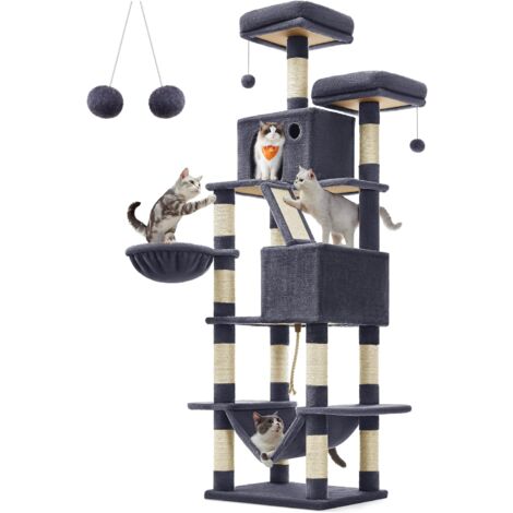 Feandrea – Arbre à chat multi-niveaux 206 cm avec 13 griffoirs – 2 niches, 2 plateformes, hamac, tissu peluche – Gris anthracite