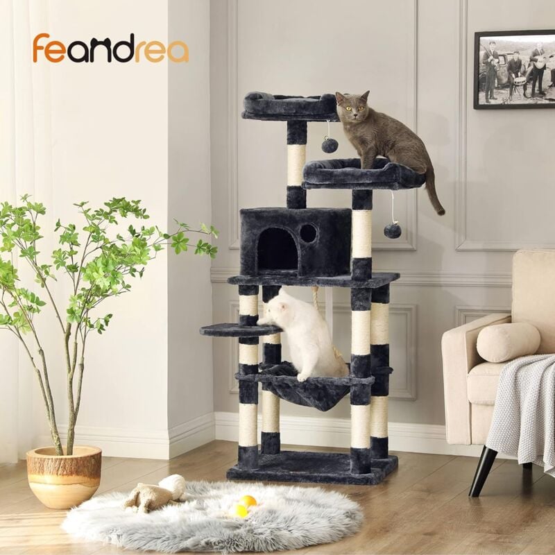 Feandrea Arbre à Chat Hauteur 143 cm, Tour de Jeux pour Chat, avec 11 Poteaux à Griffer, 2 Plateformes, 1 Niche, 1 Hamac, 2 Pompons, en Tissu