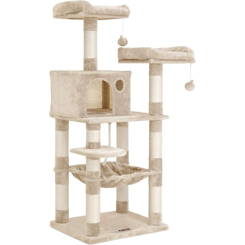 Feandrea - Arbre à Chat Hauteur 143 cm, Tour de Jeux pour Chat, avec 11 Poteaux à Griffer, 2 Plateformes, 1 Niche, 1 Hamac, 2 Pompons, en Tissu