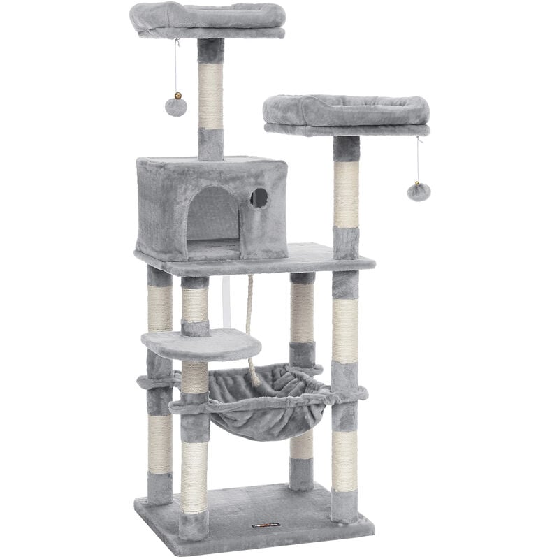 Feandrea - Arbre à Chat Hauteur 143 cm, Tour de Jeux pour Chat, avec 11 Poteaux à Griffer, 2 Plateformes, 1 Niche, 1 Hamac, 2 Pompons, en Tissu
