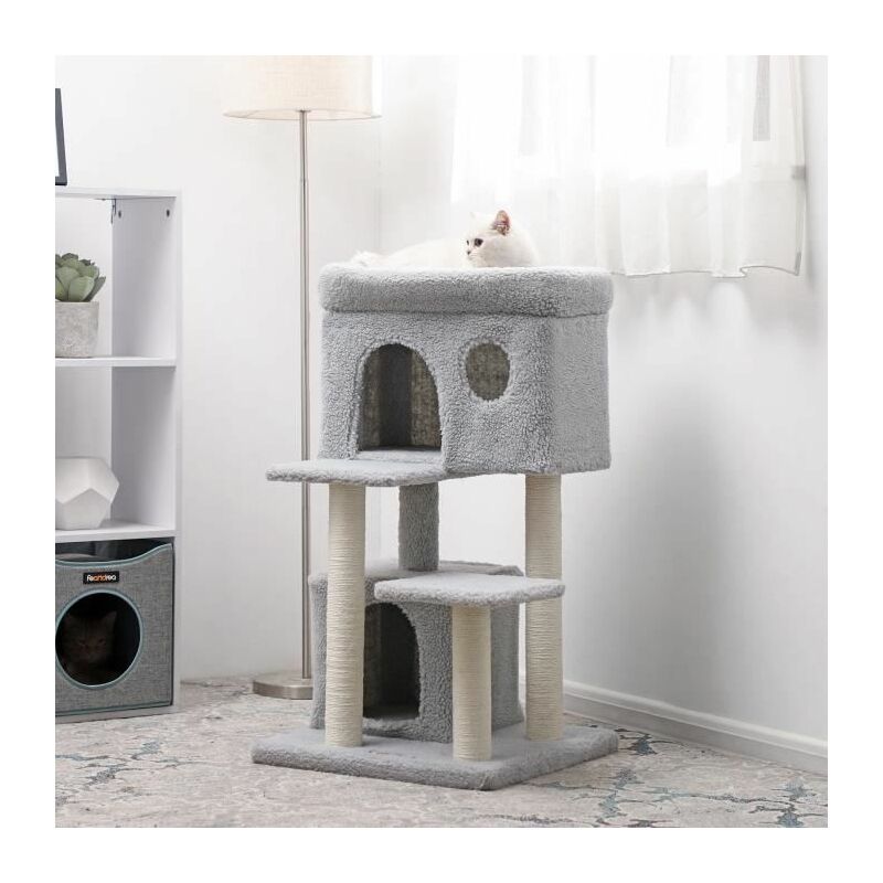 Feandrea Arbre A Chat Tour A Chat Avec Grande Plate Forme D Observation Niche En Imitation Laine De Mouton 2 Grottes Pour Chatons Et Vieux Chats Poteaux En Sisal Stable Gris Clair Par Songmics