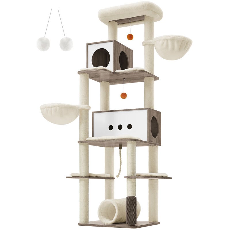 Feandrea Arbre à Chat, Tour de Jeux Moderne de 197 cm, Multi-Niveaux, avec 2 Niches, 2 Paniers, 4 Griffoirs, Toiletteur, Tunnel, Plate-forme, pour