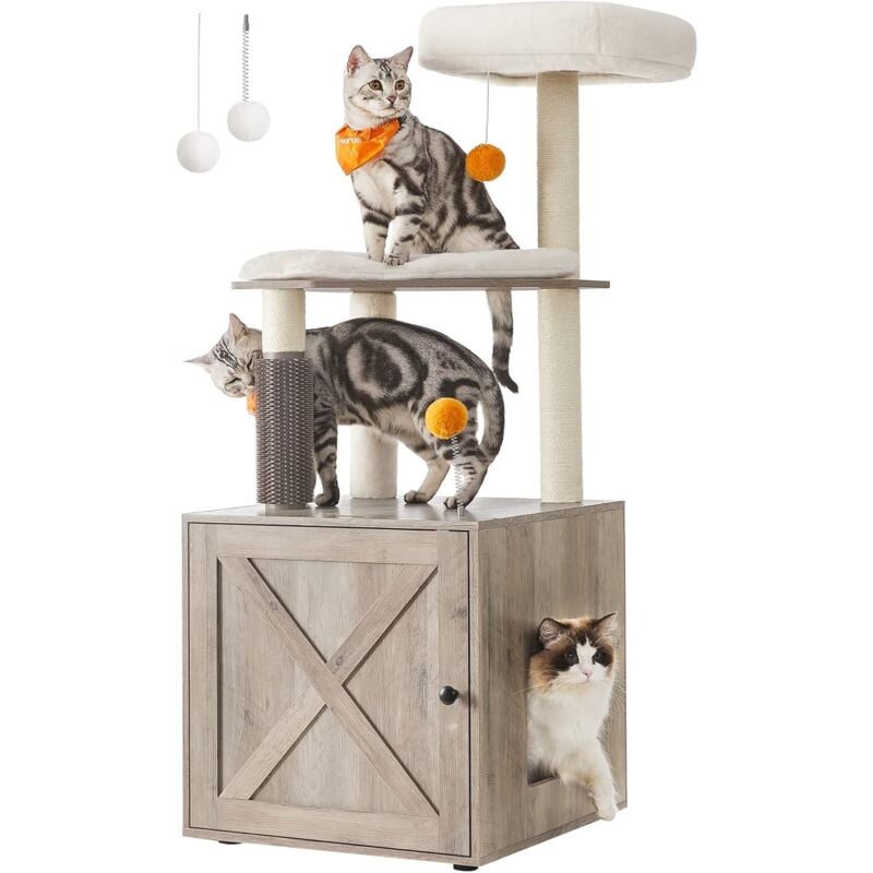 Songmics - Feandrea Arbre à Chat avec Maison de Toilettes, Tour de Jeu Moderne 2-en-1, Niche pour Chat de 134 cm avec Chache-litière, Poteaux à