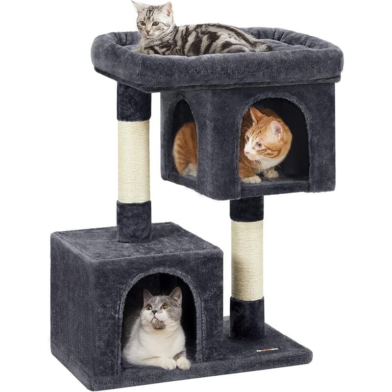 Arbre à chat, Tour de Jeux 84 cm, l, Maison pour Chats jusqu'à 7 kg, Grande Plate-forme, 2 Niches, Griffoir, Gris Foncé - Feandrea