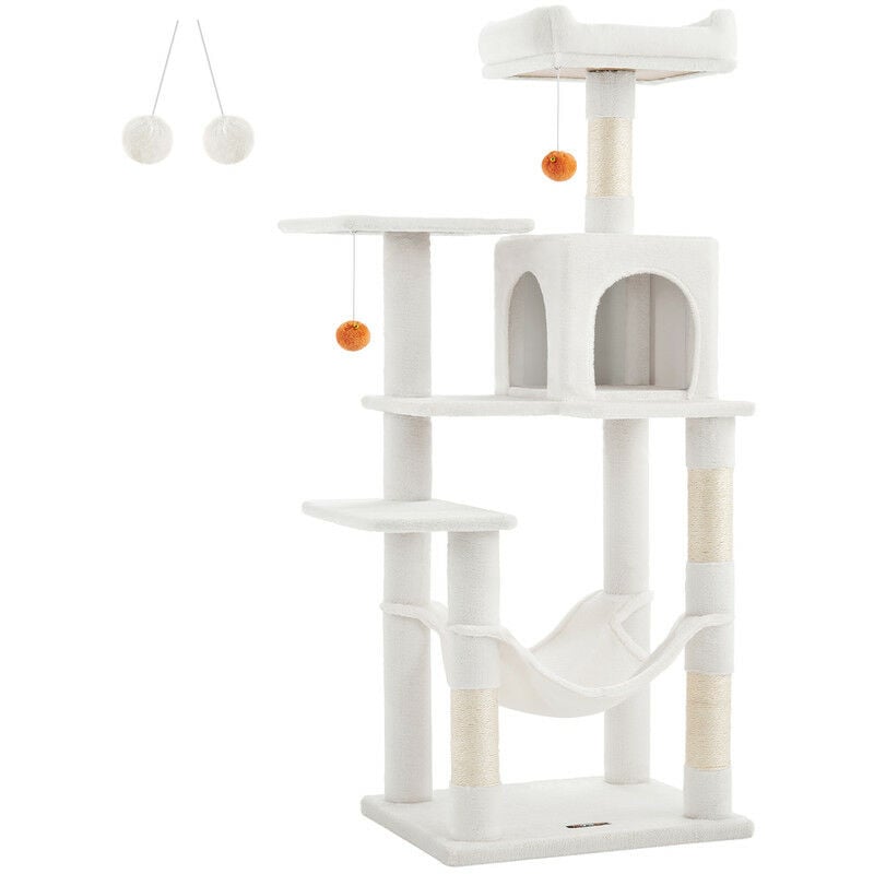 Songmics - Feandrea Arbre à Chat Hauteur 143 cm, Tour de Jeux pour Chats, avec 4 Poteaux à Griffer, 2 Plateformes, 1 Niche, 1 Hamac, 2 Pompons, en