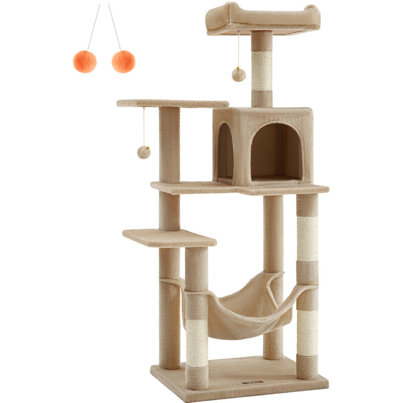 Feandrea – Arbre à chat 143 cm – Multi-niveaux avec 4 poteaux à griffer, 2 plateformes, 1 niche, 1 hamac, 2 pompons – Tissu peluche marron camel Feandrea – Arbre à chat 143 cm – Multi-niveaux avec 4 poteaux à griffer, 2 plateformes, 1 niche, 1 hamac, 2 pompons – Tissu peluche marron camel