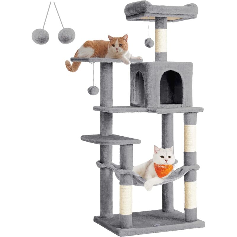 Songmics - Feandrea Arbre à Chat Hauteur 143 cm, Tour de Jeux pour Chats, avec 4 Poteaux à Griffer, 2 Plateformes, 1 Niche, 1 Hamac, 2 Pompons, en
