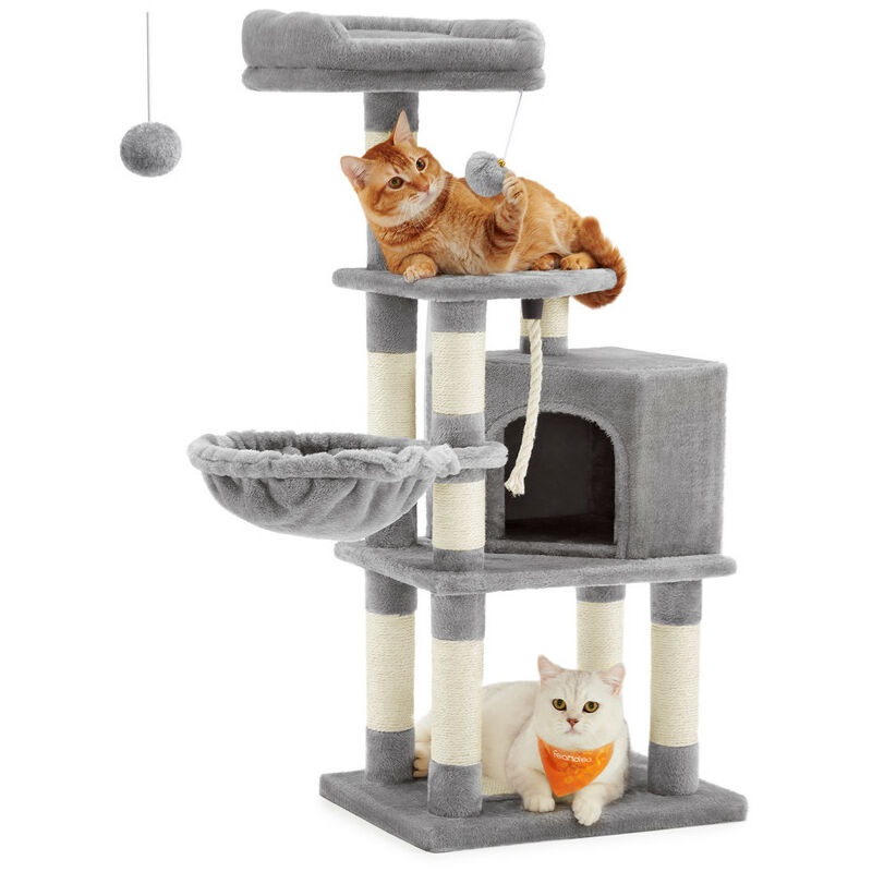 Feandrea - Arbre à Chat Hauteur 110 cm, Tour de Jeux pour Chats, avec Base et 9 Poteaux à Griffer, 1 Plateforme, 1 Niche, 1 Hamac, 1 Pompon, 1 Corde,