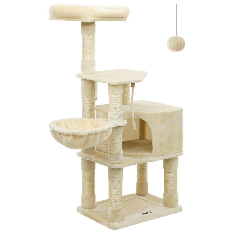 Feandrea - Arbre à Chat Hauteur 138 cm, Tour de Jeux pour Chats, avec Base et 9 Poteaux à Griffer, 1 Plateforme, 1 Niche, 1 Hamac, 1 Pompon, 1 Corde,
