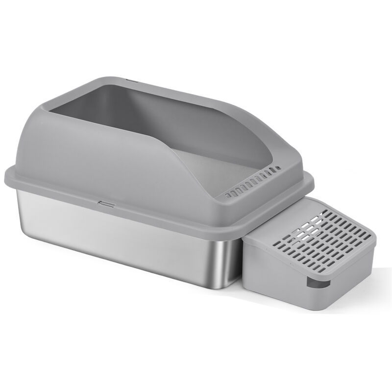 Feandrea Bac à Litière pour Chat, en Acier Inoxydable, à Bords Hauts, Dessus Ouvert, Marche, Pelle, Brosse, pour Chats Jusqu’à 15 kg, Gris Ardoise