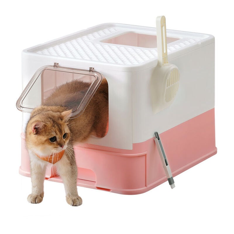 Bac à Litière Fermé pour Chat, Maison de Toilette, Plateau Amovible, Pelle, Brosse, pour Grand Chat, Capacité de Charge 15 kg, Anti-Traces,