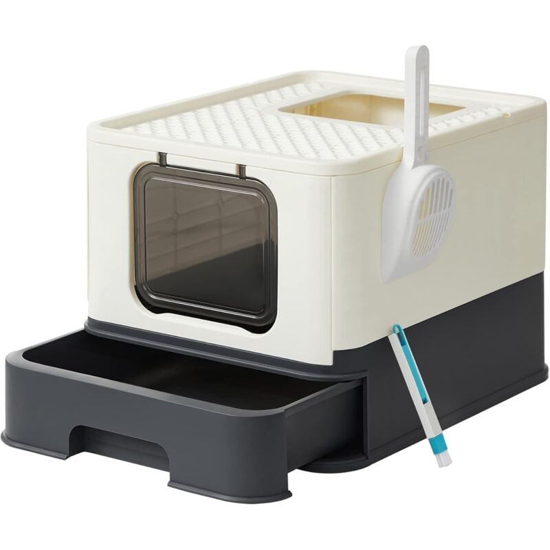 Bac à Litière Fermé pour Chat, Maison de Toilette, Plateau Amovible, Pelle, Brosse, pour Grand Chat, Capacité de Charge 15 kg, Anti-Traces,