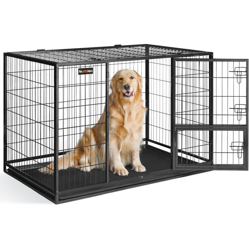 Feandrea Cage pour Chien Lourd, pour Chiens de Taille Grande et Moyennet, Double Porte Amovible, Nettoyage Facile, Parc à Chiens, Noir, 122 x 74,5 x