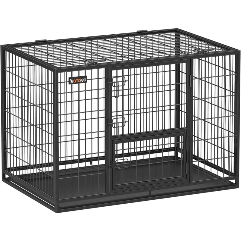 Feandrea - Cage pour Chien Lourd, pour Chiens de Taille Grande et Moyennet, Double Porte Amovible, Nettoyage Facile, Parc à Chiens, Noir, 107 x 70 x