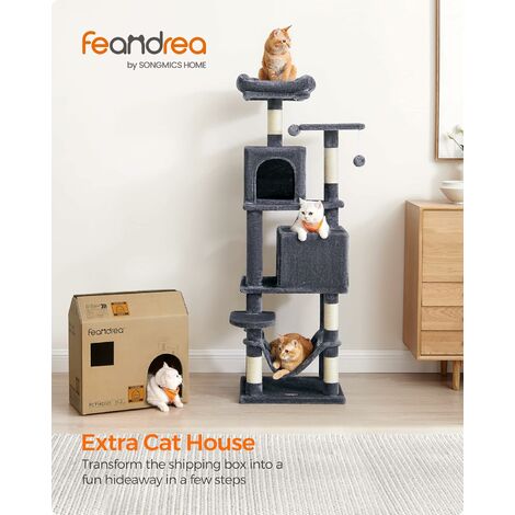Feandrea Cat Tree, 155 cm Cat Tower for Indoor Cats, Plush Multi-Level Cat Condo with 5 Scratching Posts, 2 Caves, Hammock, 2 Pompoms, Smoky Grey PCT192G01