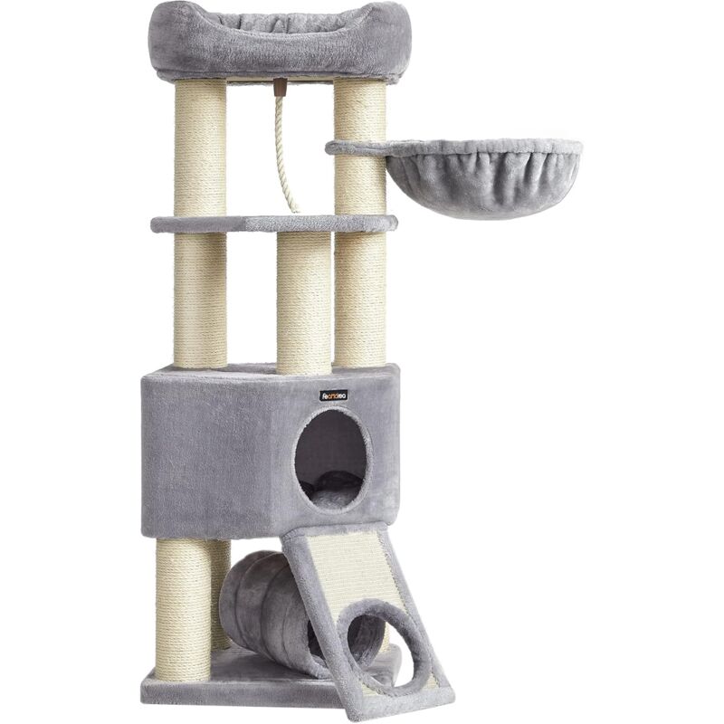 Grand Arbre à Chat, Tour de Jeux Taille M, avec Niche, Hamac, Plate-Forme en Tissu Peluche, Tunnel, Poteaux en Sisal, Griffoir, 50 x 50 x 141 cm,