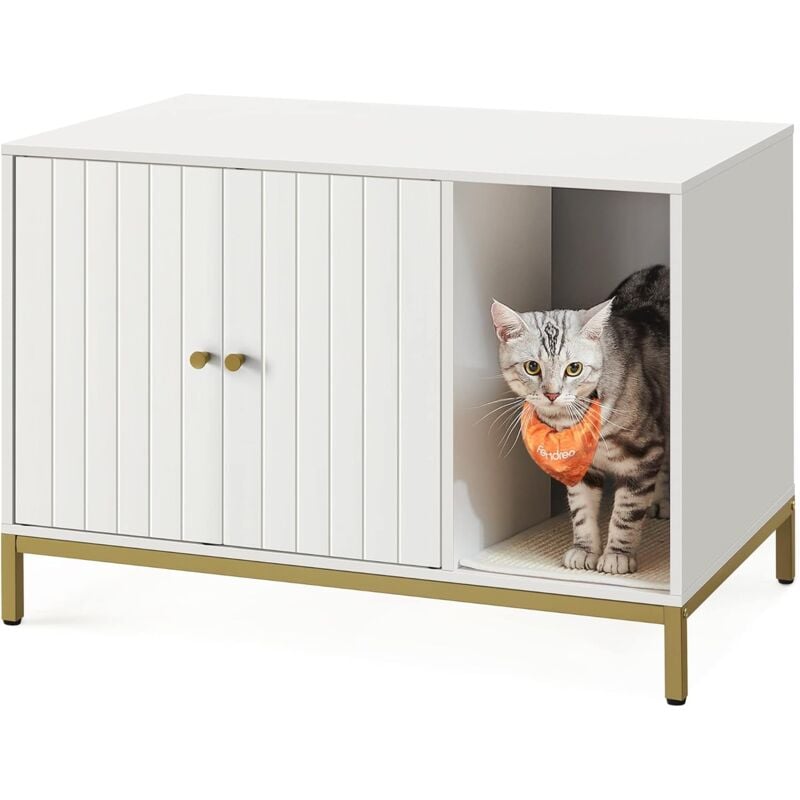 Feandrea - Maison de Toilettes pour Chat, Cache-litière, avec Tapis à Griffer, Pieds Hauts, Table d'Appoint, 80 x 50 x 55 cm, Blanc et Doré