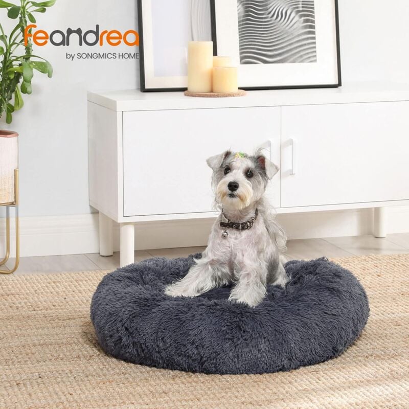 Feandrea - Panier pour Chien, Lit Ronde en Forme de Beignet, Canapé, Coussin Central Amovible et Lavable, Tissu Peluche Doux, Ø70 cm, Gris Foncé