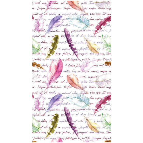 Feathers, rideau imprimé plumes multicolores et écriture manuscrite violette 140x245 cm, 1 pièce