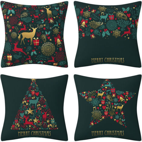 Federa natalizia in misto lino e cotone, federa quadrata, motivo natalizio, Buon Natale, neve, renne, albero