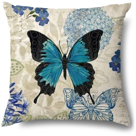 Federa per cuscino 45x45, motivo floreale a farfalla, per divano, poltrona, letto, soggiorno, set di 4 federe in lino vintage con fiori bohémien e turchese - blu navy