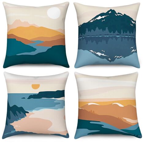 Federa per cuscino Boho 50x50 set da 4, federa decorativa astratta montagna tramonto alba metà secolo moderno natura paesaggio arte federa in lino per la decorazione domestica