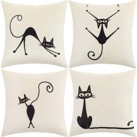 Federa per cuscino, set di 4 federe per cuscino 45x45, motivo: fiori, vita marina, piante tropicali, per divano, soggiorno (gatto, cotone, lino)