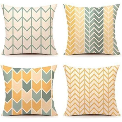 Federe decorative per cuscini quadrati double-face in lino giallo e arancione – federe con motivo geometrico, 45 x 45 cm